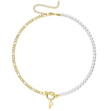 Imagem de Yanxyad Colar feminino com inicial de pérola, ouro 18K, aço inoxidável, letra A-Z, corrente fígaro, 40,6 cm + 7,6 cm, joia de presente para ela, Medium, Aço inoxidável, Sem Pedra Preciosa