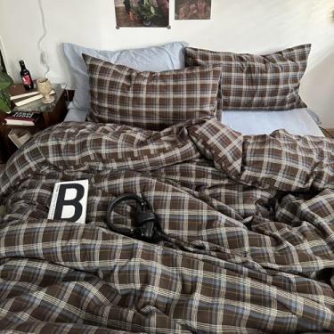 Imagem de mixinni Conjunto de edredom xadrez vintage azul e marrom búfalo solteiro tamanho GG - 3 peças de algodão lavado, macio, geométrico, xadrez, conjunto de cama para todas as estações, leve e respirável