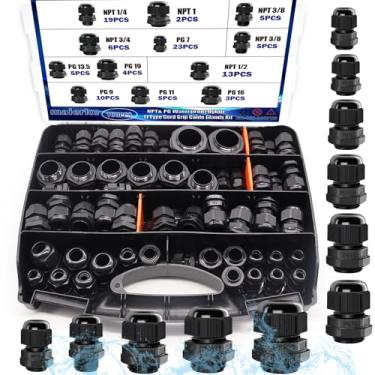 Imagem de maierke Kit de prensa de cabos IP68 à prova d'água, 100 peças, glândulas de cabo de nylon ajustáveis NPT 1/10.2 cm 3/20.3 cm 1/5.1 cm 3/10.2 cm 2.5 cm PG7 PG9 PG11 PG13.5 PG16 PG19 com junta à prova
