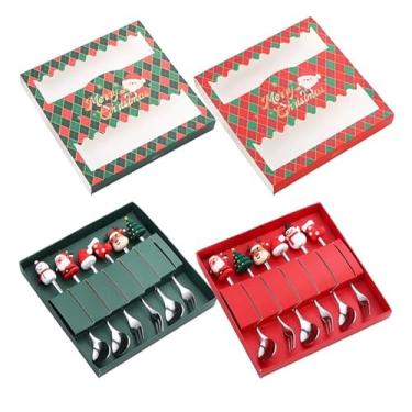 Imagem de Conjunto de 12 colheres de Natal, garfos, colheres de sobremesa de aço inoxidável, garfo de frutas, árvore de Natal, topo de papai noel, colher de talheres (prata)