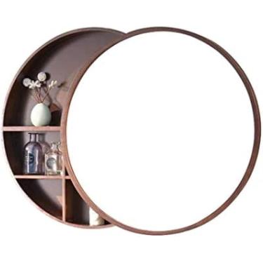 Imagem de Armário De Espelho De Banheiro De Madeira Maciça Espelho De Parede Redondo Espelho De Vaidade Com Função De Armazenamento, Walnut, 70cm