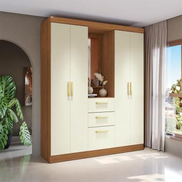 Imagem de Guarda-Roupa Casal com Espelho Albi 5 Portas 2 Gavetas Canela e Off White
