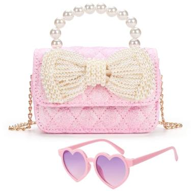 Imagem de LJCTULY Bolsa infantil para meninas - Bolsa infantil com óculos de sol de coração - Bolsa transversal para presente de aniversário para meninas, rosa, Small, Design elegante de laço de pérola