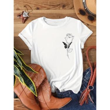 Imagem de Camiseta Feminina T-shirt Floral Borboleta Botão Rosa 100% Algodão Pre