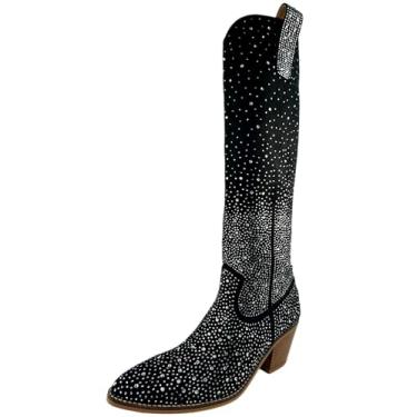 Imagem de ARIDER Bota feminina GIRL Shine com strass adornado acima do joelho bico amêndoa com zíper lateral de couro salto empilhado, Camurça preta e prata, 37