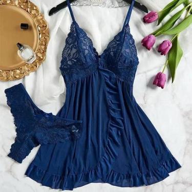Imagem de Camisola Feminina Sexy De Renda Transparente Com Decote Em V, Lingerie