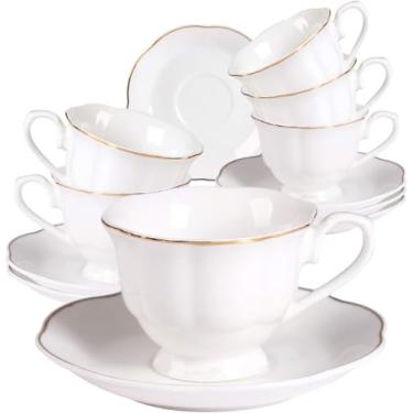 Imagem de Conjunto de copos e pires de café de porcelana Espresso – 80 ml Golden Edge New Bone China Conjunto de 6 para Espresso, Cappuccino, Mocha, Fino, Branco, 7OZ (220ml) cups set of 6