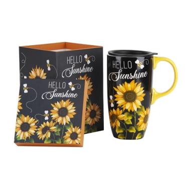 Imagem de Topadorn Caneca de viagem de cerâmica girassol xícara de café com tampa e caixa de presente combinando caneca latte, 500 ml. Olá, luz do sol