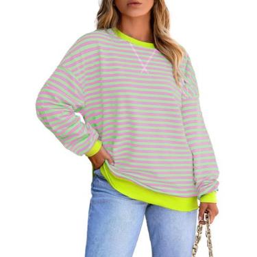 Imagem de Moletom feminino Eytino plus size solto verde listrado 2X