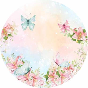 Imagem de Painel de Lona Redondo Jardim Aquarela Primavera de Cores e Borboletas