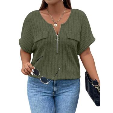 Imagem de Blusa Viracy Plus Size de manga curta com zíper e decote em V verde mi