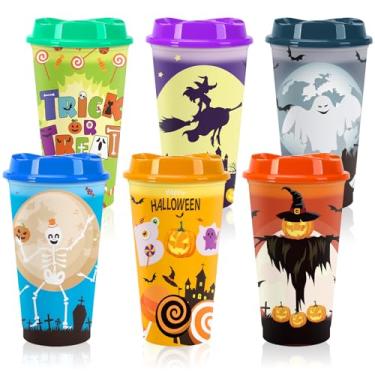 Imagem de Jansun 6 peças de copos que mudam de cor de Halloween, copos de café de plástico reutilizáveis de 473 ml com tampas para decorações de festa, copos de Halloween para suprimentos de lembrancinhas de