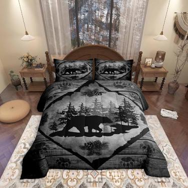 Imagem de Conjunto de cama de cabana com estampa de pinha, urso preto, para crianças, adolescentes e adultos, estampa de pata de animais selvagens, retrô, listras de madeira, casa de fazenda, edredom com 2