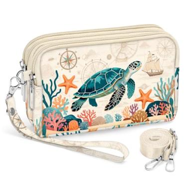 Imagem de BIAOTIE Bolsas de pulso para mulheres, bolsas transversais pequenas de nylon com alça ajustável 3 zíperes carteira de pulso organizador de telefone, Tartaruga marinha branca