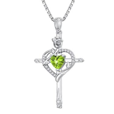 Imagem de CupidGift Colar de cruz para mulheres, banhado a ouro 14 K, banhado a ouro 18K, delicado coração, pedra do mês de nascimento, rosa, joias diárias, batismo, fé, aniversário, Natal, presentes de