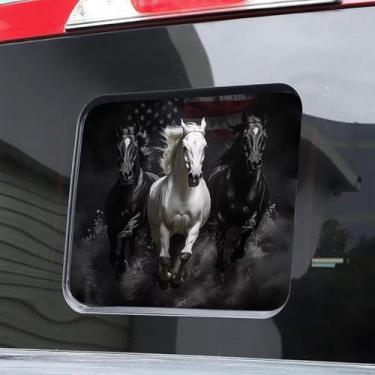 Imagem de Decalques de janela traseira deslizantes com bandeira americana para caminhões, cavalos patrióticos decalque automotivo para janela do meio do caminhão, decoração de carro de animal, adesivo de filme