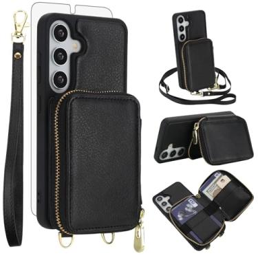 Imagem de Capa de celular para Samsung Galaxy A55 5G carteira de celular com protetor de tela de vidro temperado alça transversal para pulso suporte de cordão com bloqueio RFID A 55 55A A555G mulheres homens