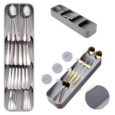 Imagem de Organizador de Talheres Cinza 39,5x11cm – Plástico Resistente | Gaveta ou Bancada | Compartimentos para Facas, Garfos e Colheres | Compacto e Funcional para talheres de prata, cinza