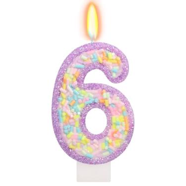 Imagem de ElekFX Número 6 Vela de aniversário com granulado, topo de bolo de unicórnio roxo pastel, decorações de festa Sweet Candyland para meninas e meninos 6 anos