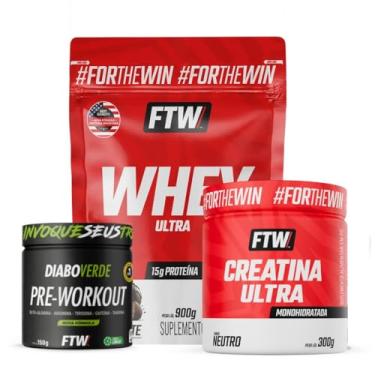 Imagem de FTW Kit Whey Ultra Protein 900g Refil Sabor Chocolate + Creatina Ultra 300g + Pré-Treino Diabo Verde 150g Sabor Limão