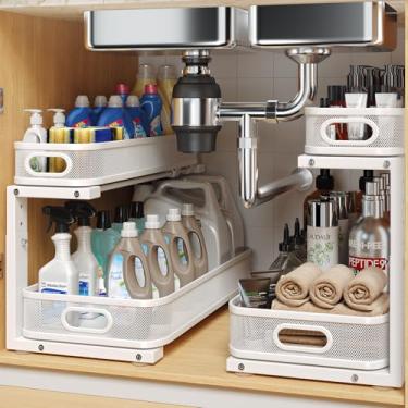 Imagem de Biboraya Pacote com 2 organizadores sob a pia de 48 cm de profundidade com trilho cilíndrico liso, armazenamento multiuso de 2 camadas para banheiro e cozinha, altura ajustável, revestimento
