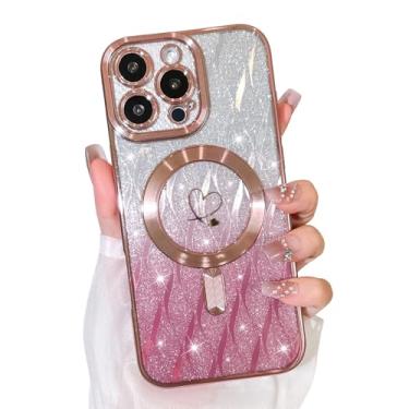 Imagem de Bonoma Capa com glitter para iPhone 16 Pro Max [compatível com MagSafe], capa brilhante com estampa de folhas magnéticas de coração de amor, proteção de câmera, capa traseira macia brilhante para