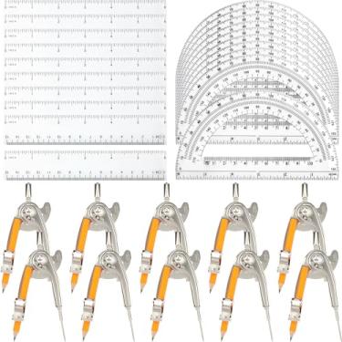 Imagem de Conjunto de 40 peças de bússola de matemática geométrica para bússola e transferidor de matemática geométrica, inclui bússola de metal com régua de plástico para lápis e transferidor para estudante