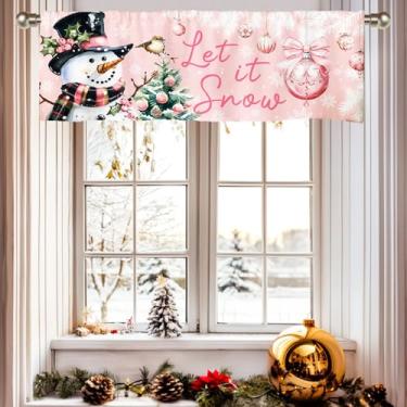 Imagem de Cortinas de Natal de boneco de neve, cortinas de saia de janela de Natal, decoração de janela de cozinha, cortina curta de árvore de Natal rosa para sala de estar quarto 129,5 x 45,7 cm