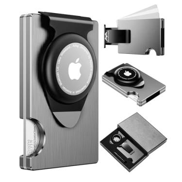 Imagem de Apple Airtag Carteira masculina fina: carteira de metal com 2 clipes de dinheiro substituíveis conjunto de caixa de presente para marido masculino no aniversário Brithday, Prata, Smart Wallet