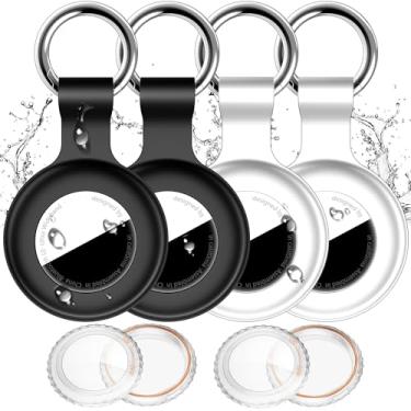 Imagem de Pacote com 4 para suporte de AirTag, IPX8, à prova d'água, com chaveiro, policarbonato + silicone, corpo inteiro à prova de choque [antiarranhões] para localizadores de itens GPS, capa para animais de
