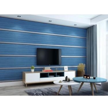 Imagem de Papel de parede moderno de veludo de pele de veado padrão de grão de madeira não tecido não autoadesivo listras verticais 3D nova versão (papel de parede azul A27051)