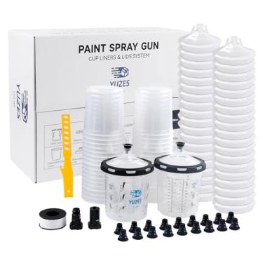 Imagem de YUZES Sistema de copos de mistura de tinta 600 ml (600 ml), 40 forros e tampas de copos de tinta descartáveis, 2 copos rígidos com anel de retenção, 20 plugues, fita PTFE, agitador de tinta, adaptador