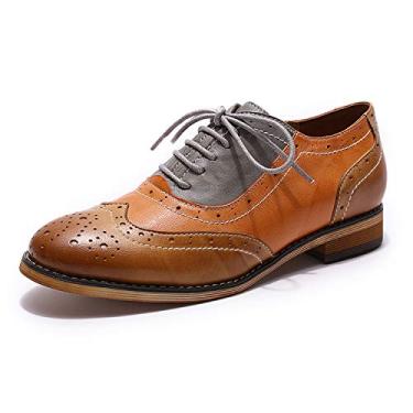 Imagem de Mona flying Sapato feminino de couro perfurado com cadarço Oxfords Brogue Wingtip Derby feminino, Marrom-abóbora-cinza, 38