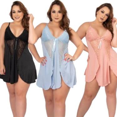 Imagem de KIT 3 Camisola Plus Size Renda Vekyo Abertura Soltinha Lingerie Roupa 