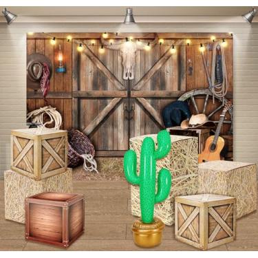 Imagem de JarThenaAMCS Decorações de festa caubói fardos de feno caixas de palha infláveis cacto grande pano de fundo faixa de fundo adereços para fotos de aniversário chá de bebê