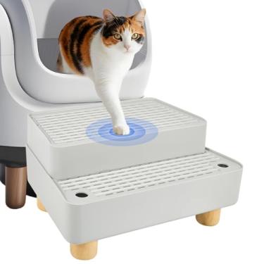 Imagem de SpaceTime Tapete de armadilha de areia para gatos elevado para caixa de areia, degrau/rampa/apanhador destacável para gatos com base de madeira, almofada de areia ajustável em altura para gatos de