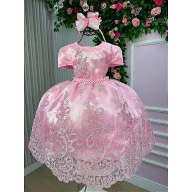 Imagem de Vestido Infantil Bebê Rosa Bebê Realeza Rendado Luxo - Fabuloso Ateliê
