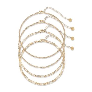 Imagem de PAVOI Conjunto de tornozeleira com contas e corrente banhada a ouro 14K para mulheres, joias leves de verão, 9" + 2" extender, Ouro amarelo, Sem Pedra Preciosa