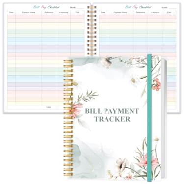 Imagem de Caderno rastreador de notas - Organizador e planejador de contas mensais A4 para orçamento pessoal financeiro, lista de verificação de pagamento de contas mensais, 21,6 cm x 28 cm, flores rosa