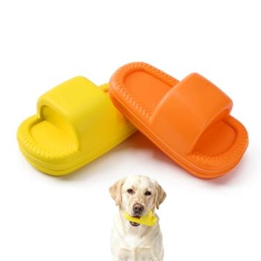 Imagem de MECOOL Brinquedo para cães, 2 peças, chinelos inquebráveis, brinquedos para cães que rangem para dentição, tamanho mastigável, para raças médias e samll, amarelo e laranja