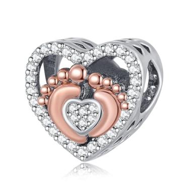Imagem de QeenseKc Pingente de coração com pegada de ouro rosa cintilante CZ compatível com pulseira Pandora presente para mãe