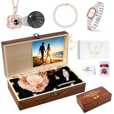 Imagem de Pasuvsigt Colar de rosa real preservada com coração, relógio, pulseira, música LED romântica e luzes de madeira feitas à mão flores de aniversário presente para mulheres esposa namorada no aniversário