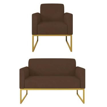 Imagem de Kit Namoradeira e 1 Poltrona Decorativa Base Industrial Dourada Maressa S06 Suede Marrom - Ibiza