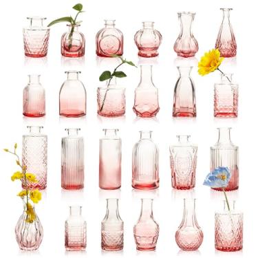 Imagem de UMEIED Pacote com 24 vasos de vidro a granel para centros de mesa, vasos pequenos decorativos vintage transparentes para flores, decoração de mesa rústica para casamento (rosa)