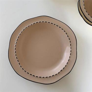 Imagem de Lata de lixo Conjunto de talheres de cerâmica Tigela de arroz irregular Tigela de sopa Prato de legumes em cerâmica Tigelas e pratos domésticos listrados para restaurante de cozinha(Pink)