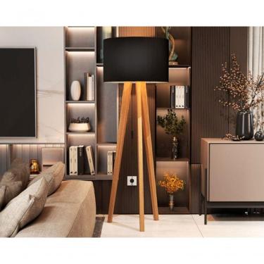 Imagem de Luminária De Chão Abajur Com Cúpula E Pés De Madeira Mobigu Preto