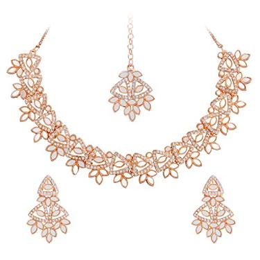 Imagem de Bodha Conjunto de joias Kundan banhado a ouro, AD, cristal, zircônia cúbica, conjunto de joias com Maang Tikka e brincos para mulheres (SJN_184_PP), Latão, Zircônia cúbica