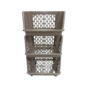 Imagem de Organizador Multiuso Cesto de Plástico c Rodinhas 2, 3 ou 4 andares Empilhável (Triplo Camurça)