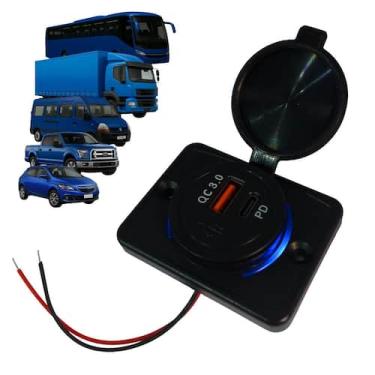 Imagem de Carregador Automotivo Turbo TipoC USB 12V 24V LED Azul Tampa de borrac