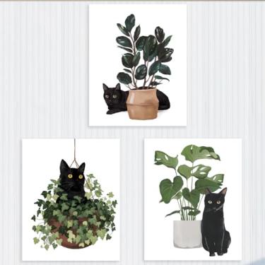Imagem de 3 peças de arte de parede botânica de gato fofo, folhas verdes plantas boho arte de parede pinturas em tela, presentes para amantes de gatos, impressão de pôster estético imagens de decoração para